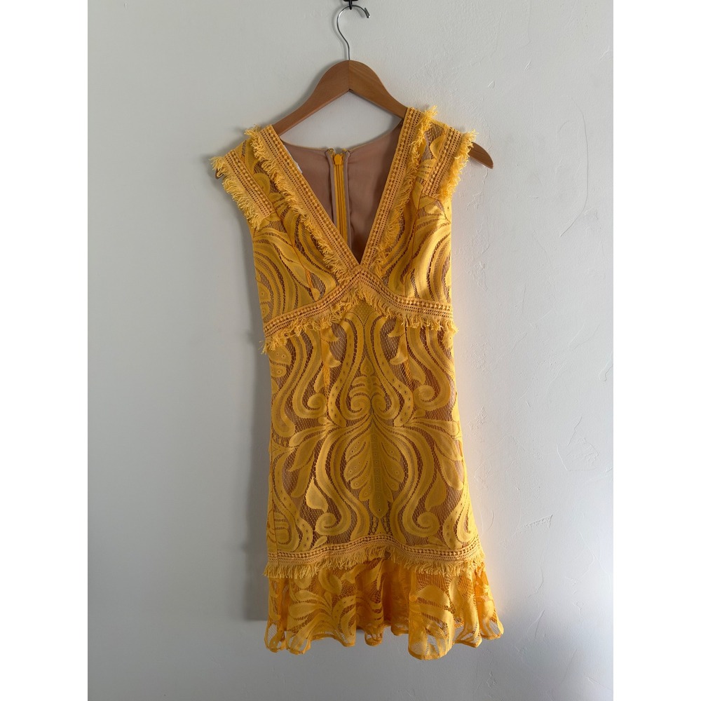 Ryse The Label Yellow Lace Fringe V-Neck Mini Dress Marigold XS